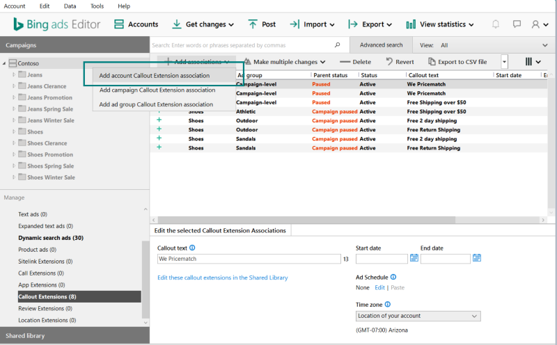 Screenshot of Bing Ads Editor displaying selection of Add account Callout Extension association