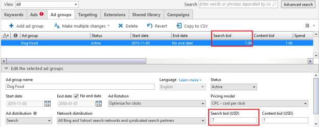 If you would like to set a default keyword bid, specify the bid at the ad group level
