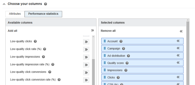 Screenshot der Seite „Berichte“ und Position der Auswahl von Kennzahlen zur Qualität von Klicks und Impressionen in Ihren Performance-Berichten